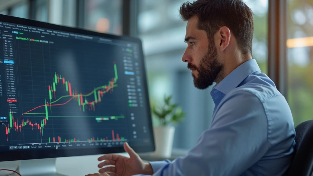 Finanzanalyst untersucht Marktdaten auf Bildschirm mit verschiedenen Indikatoren
