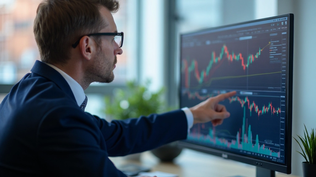 Computerschirm mit verschiedenen technischen Indikatoren und Candlestick-Charts