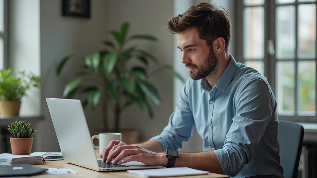 Anfänger Trader sitzt am Schreibtisch und lernt Handelskonzepte mit Notizbuch und Computern