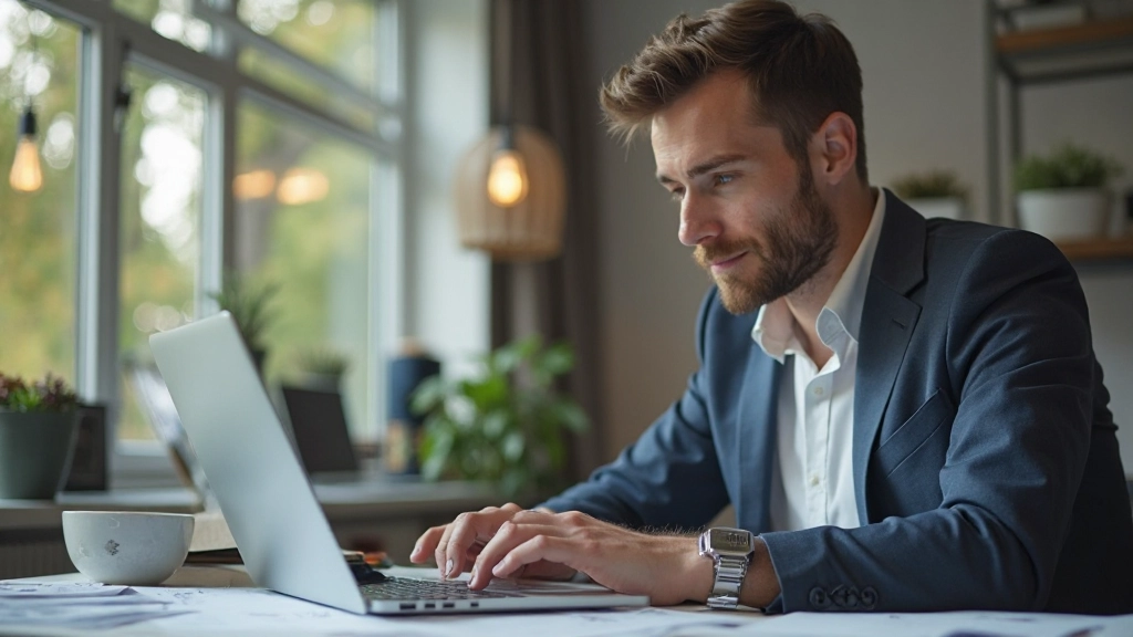 Anfänger Trader am Schreibtisch mit Lernmaterialien und Tradingplatform auf dem Monitor
