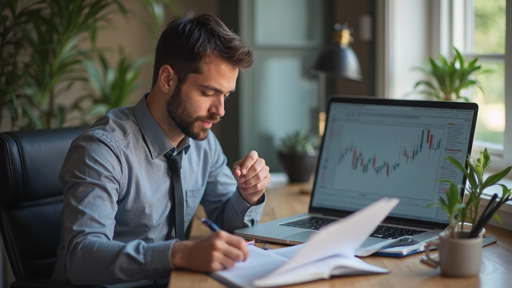 Anfänger-Trader mit Notizbuch studiert Candlestick-Muster auf dem Bildschirm mit fokussiertem Blick