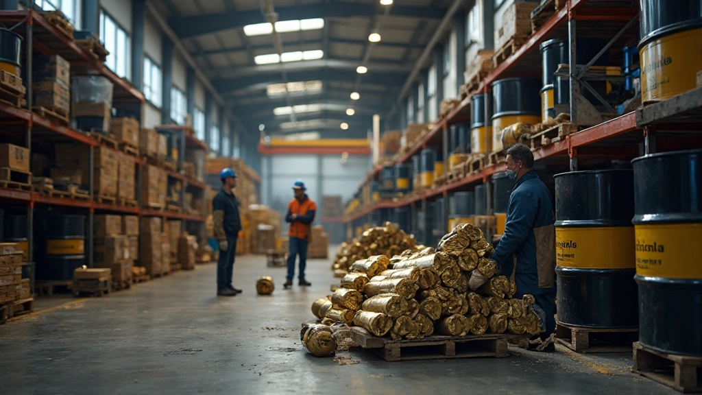 Professionelles Foto von Rohstoffmärkten, Rohölfässer und Metallbarren in modernem Lagerwirtschaftszentrum, natürliche Beleuchtung, unscharfer Hintergrund, KEIN Text, KEINE Wasserzeichen