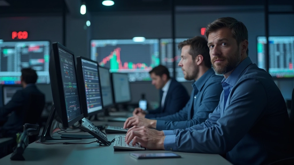 Professionelles Foto von Rohstoffhändlern an einem modernen Handelsschalter, Bildschirme mit Diagrammen, mehrere Personen in Anzügen zusammenarbeitend, moderne Handelsumgebung, professionelle Beleuchtung, unscharfer Hintergrund, KEIN Text, KEINE Wasserzeichen