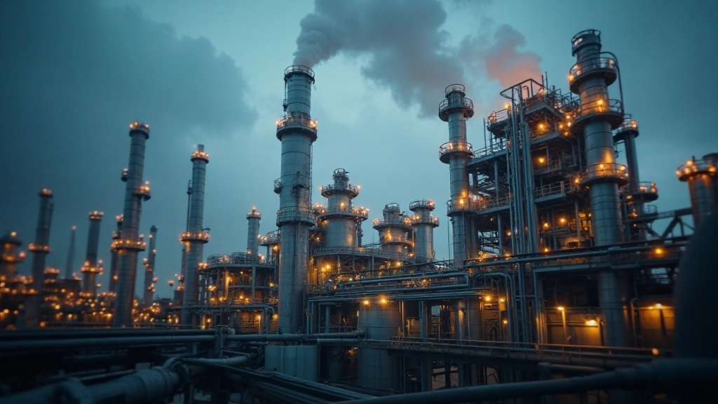 Professionelles Foto von Rohölraffinerien und Industrieanlagen, komplexe Rohrsysteme und Dampf, Industrieumgebung, dramatische Beleuchtung, unscharfer Hintergrund, KEIN Text, KEINE Wasserzeichen