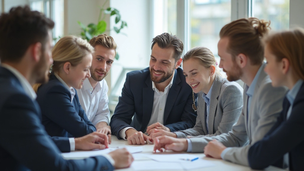 Gruppe von Lernenden diskutiert Handelskonzepte in modernem Klassenzimmer