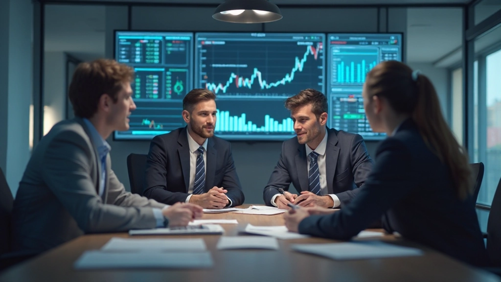 Team von Finanzfachleuten in modernem Büro arbeitet zusammen an Marktanalyse