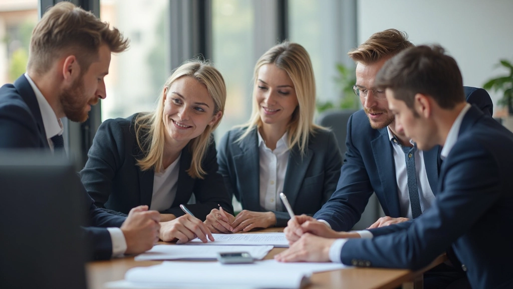 Mehrere Profis sitzen am Konferenztisch und diskutieren Investitionsstrategien mit Dokumenten und Grafiken zur Portfolioanalyse