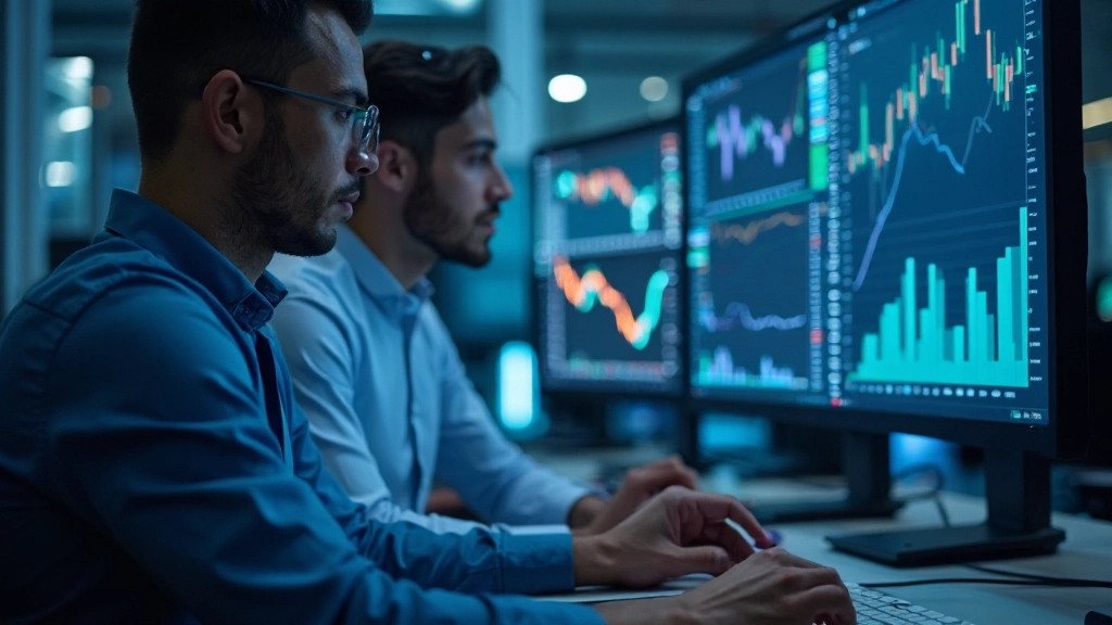 Professionelle Händler analysieren Finanzmarktdaten auf modernen Displays in modernem Handelsbüro