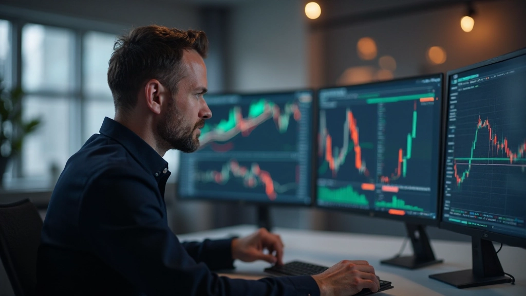 Mehrere Monitore zeigen verschiedene technische Indikatoren und Sentiment-Analysen, die von erfahrenem Trader überwacht werden