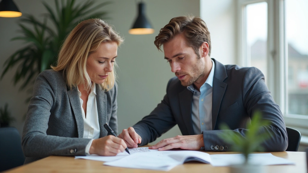 Mentee und Mentor diskutieren Investitionsstrategie mit Dokumenten und Tablet