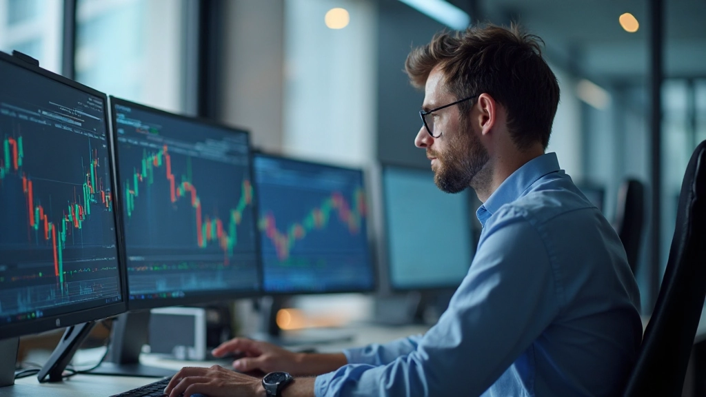 Professionelle Fotografie eines Finanzanalysten, der an einem modernen Büro-Arbeitsplatz Portfolio-Daten auf mehreren Monitoren analysiert