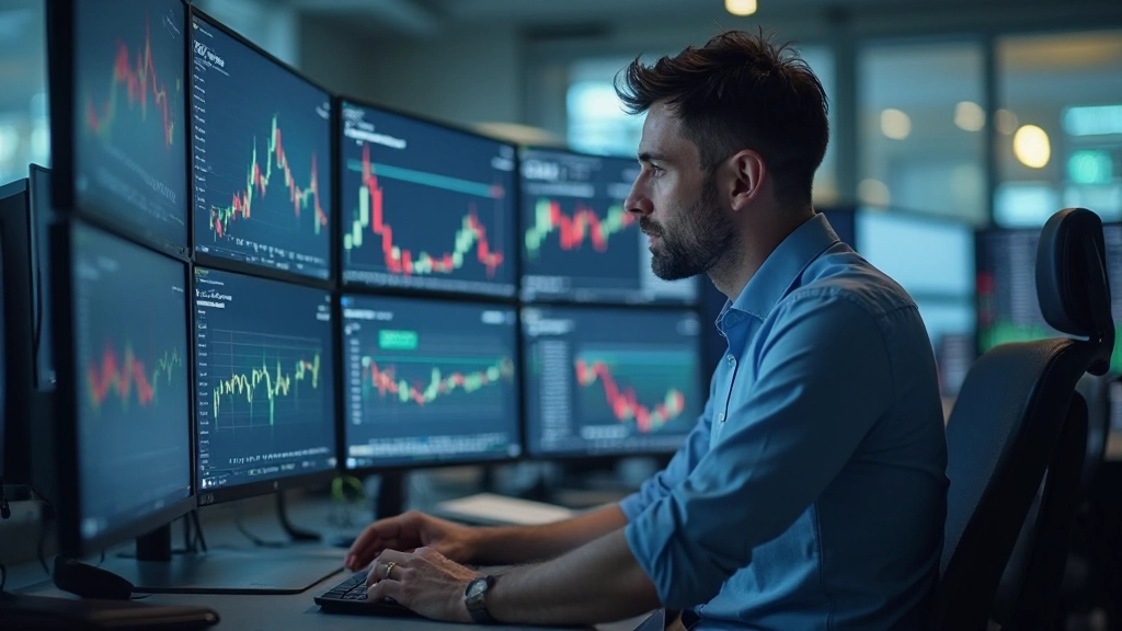 Finanzanalyst analysiert Börsentrends auf mehreren Monitoren mit Charts