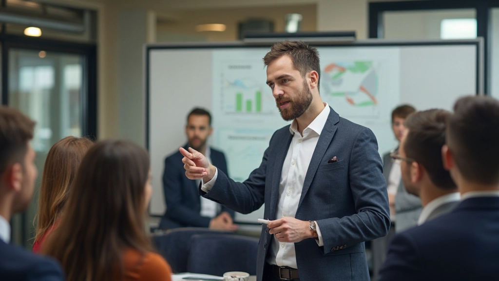 Finanzanalyst präsentiert Kryptowährungskonzepte vor Diagrammen und Netzwerk-Visualisierungen