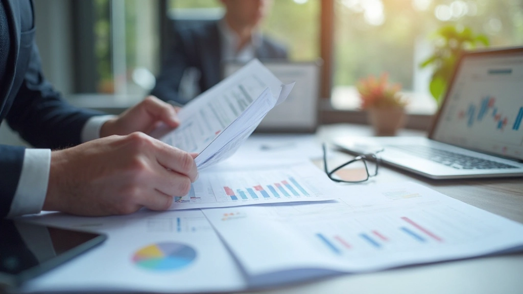 Wirtschaftsdatenreport mit Grafiken und statistischen Diagrammen auf einem Schreibtisch