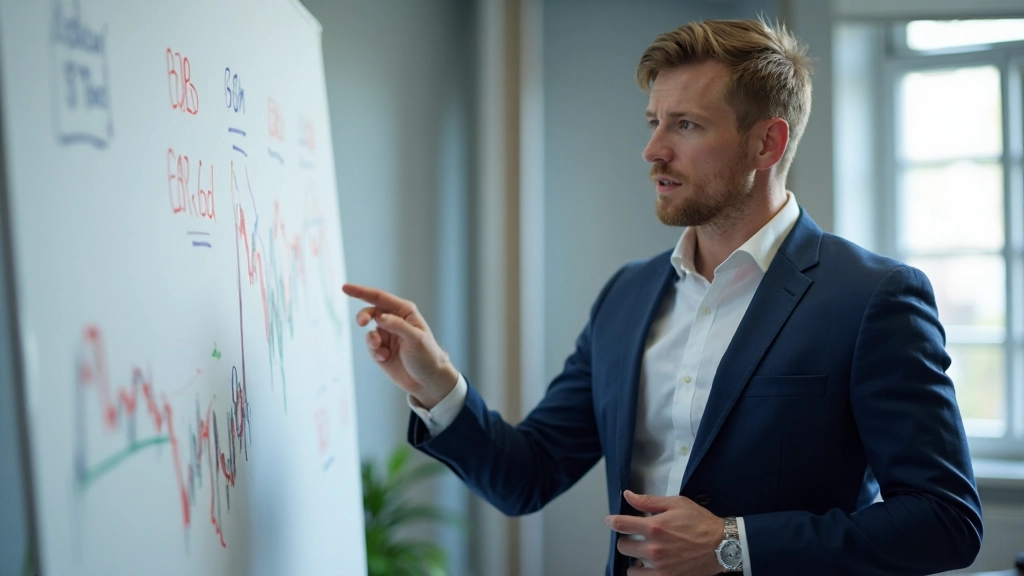Lehrer erklärt Finanzkonzepte vor Klassenzimmer mit Diagrammen und Charts auf Whiteboard