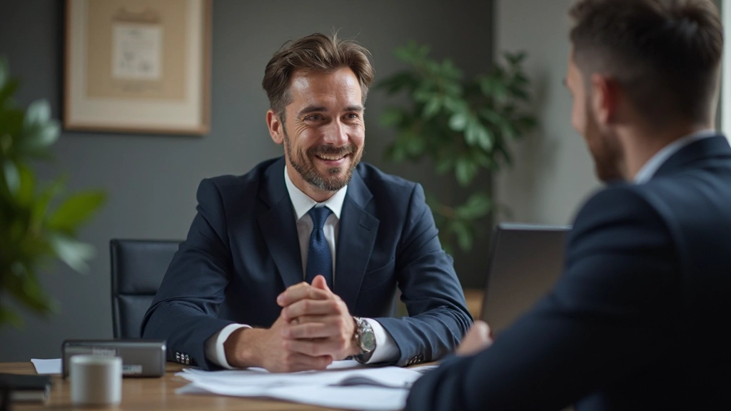 Finanzberater zeigt einem Kunden verschiedene Investitionsoptionen auf einem Diagramm, das verschiedene Vermögensklassen und deren Anteile im Portfolio darstellt