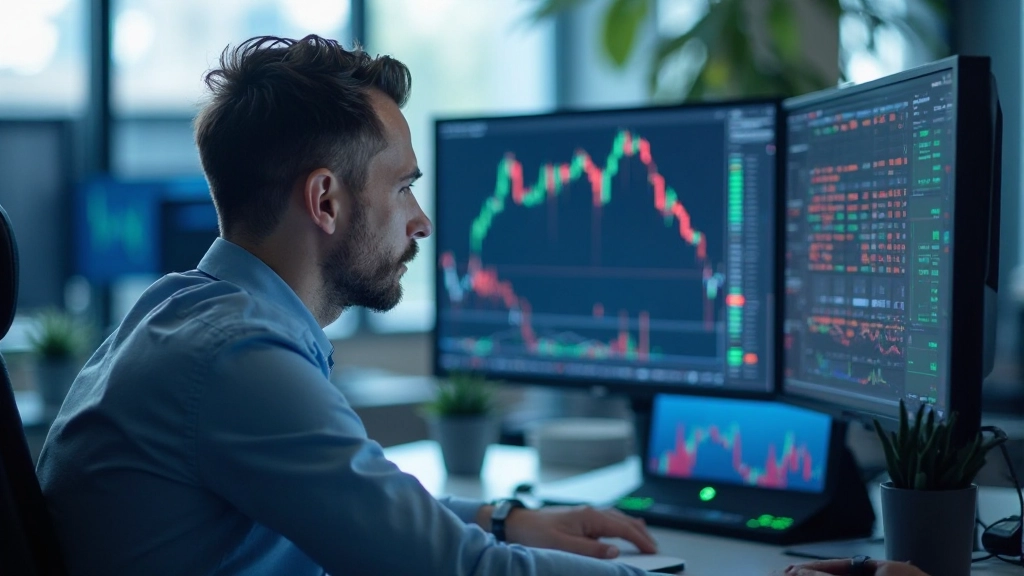 Finanzanalyst untersucht Marktdiagramme auf mehreren Bildschirmen in modernem Handelsbüro