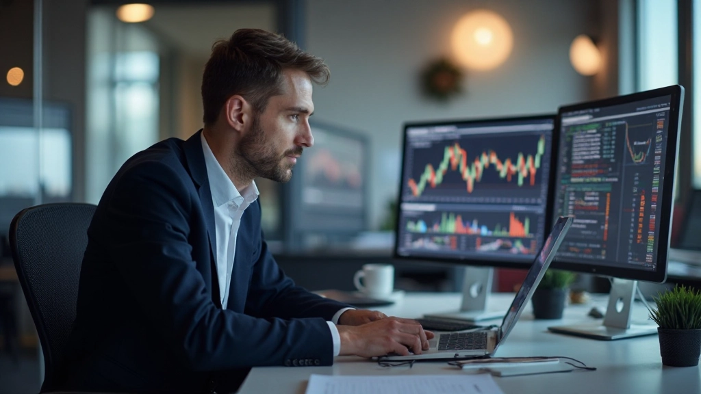 Professionelles Foto eines Finanzanalysten bei der Überprüfung von Marktdiagrammen und Risikometriken auf dem Schreibtisch