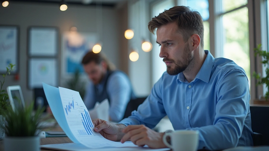 Finanzanalyst analysiert Unternehmensberichte und Aktiencharts an modernem Arbeitsplatz