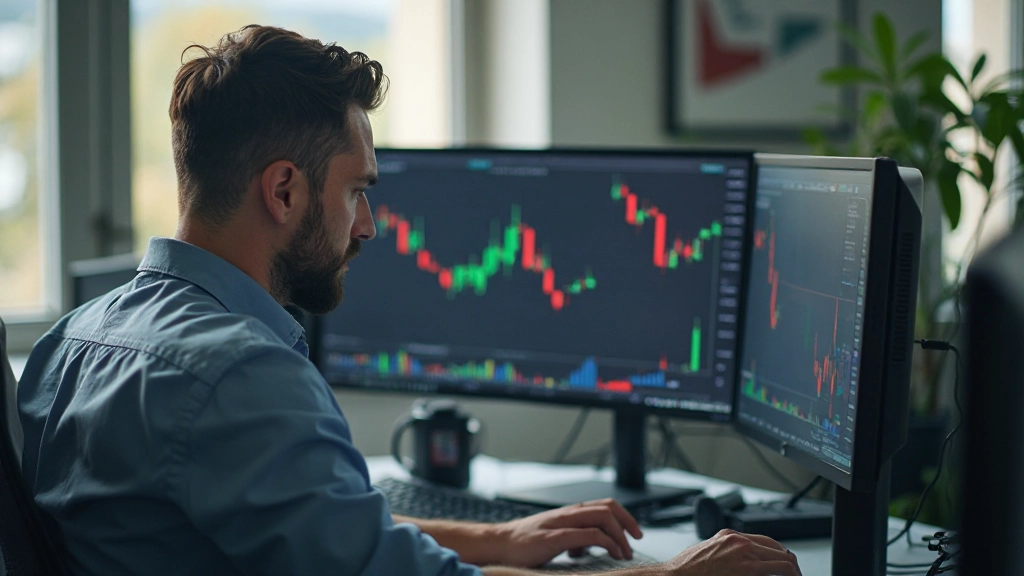 Trader sitzt frustriert am Schreibtisch, umgeben von mehreren Bildschirmen mit volatilen Marktbewegungen