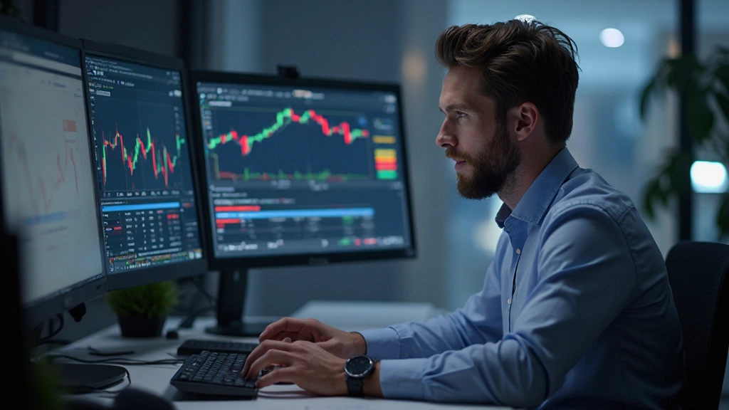 Professionelles Bild eines Traders, der sein Handelsjournal am Computer überprüft, modernes Büroumfeld mit Finanzdiagrammen auf dem Bildschirm, natürliche Beleuchtung, unscharfer Hintergrund