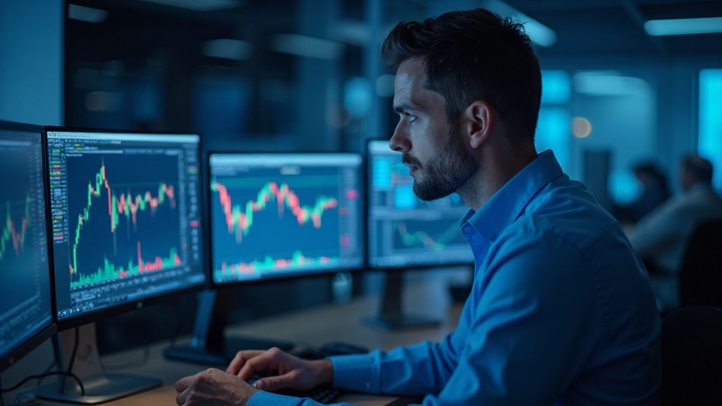 Professionelles Foto eines Traders, der Charts und Marktdaten auf mehreren Monitoren analysiert