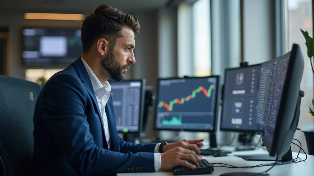 Professioneller Trader analysiert Handelskosten und Gebührenstrukturen auf Finanzbildschirmen