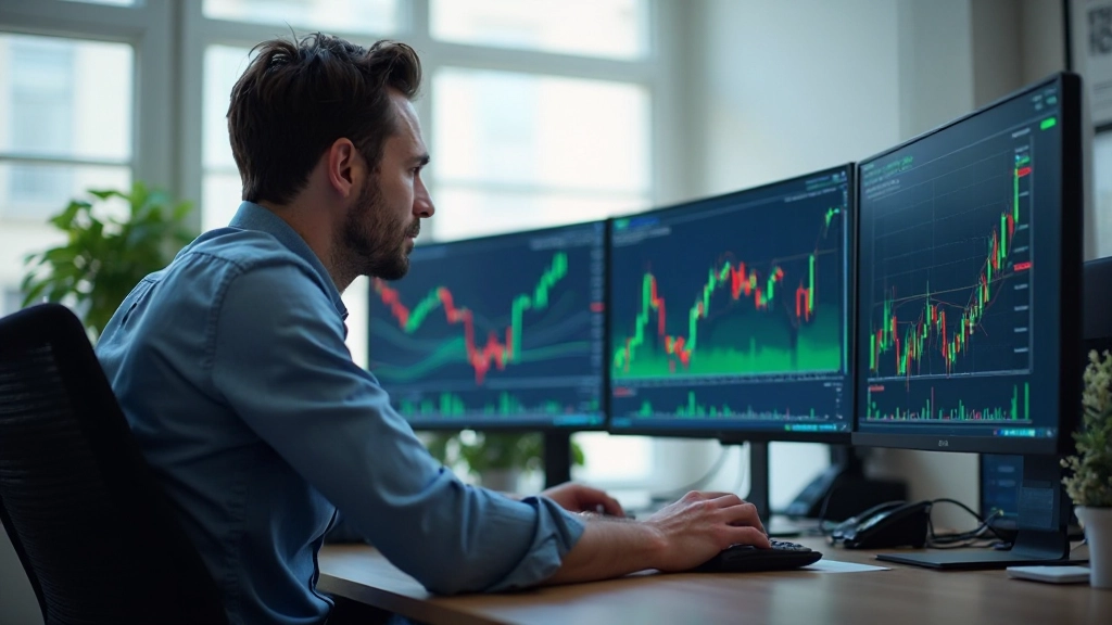 Professionelles Foto eines Traders, der Charts analysiert und Markttrends auf mehreren Monitoren überprüft
