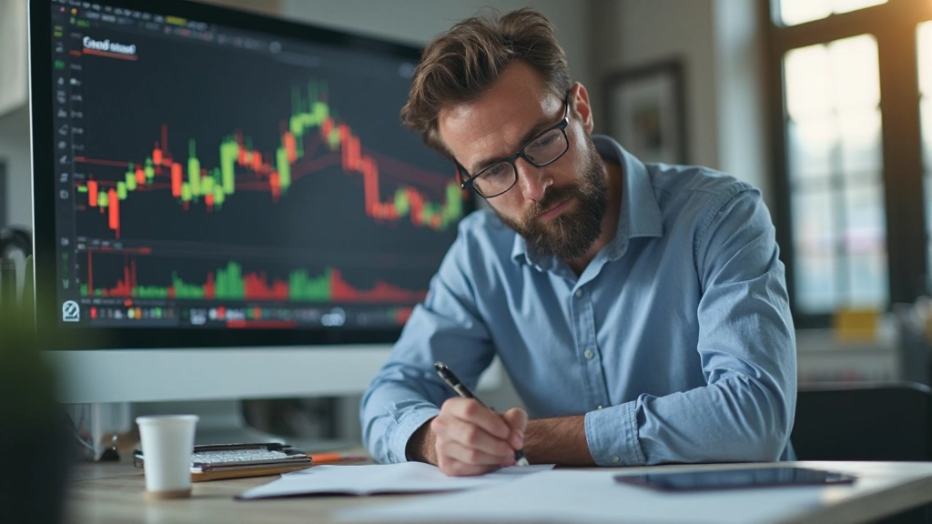 Trader mit Notizbuch dokumentiert Handelsresultate und Marktanalyse