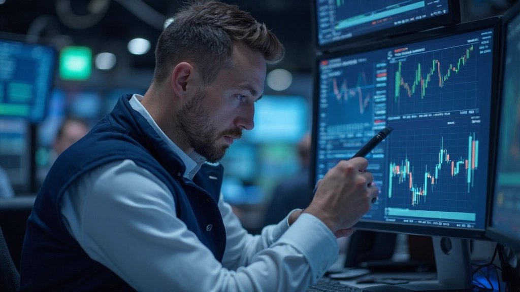 Trader sitzt vor mehreren Monitoren mit Volumendiagrammen und Analysecharts