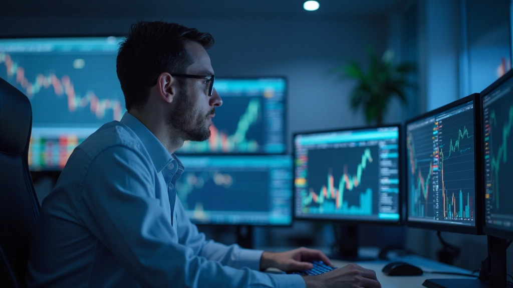 Konzentrierter Trader analysiert Marktdaten auf mehreren Bildschirmen in modernem Trading-Büro
