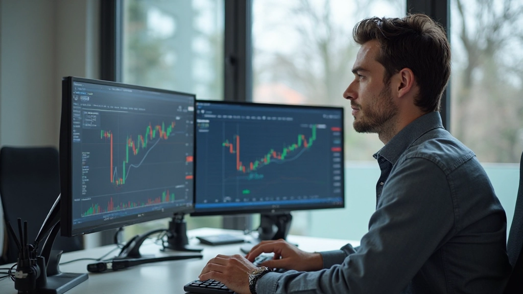 Trader analysiert verschiedene Broker-Optionen auf mehreren Monitoren in professionellem Trading-Setup