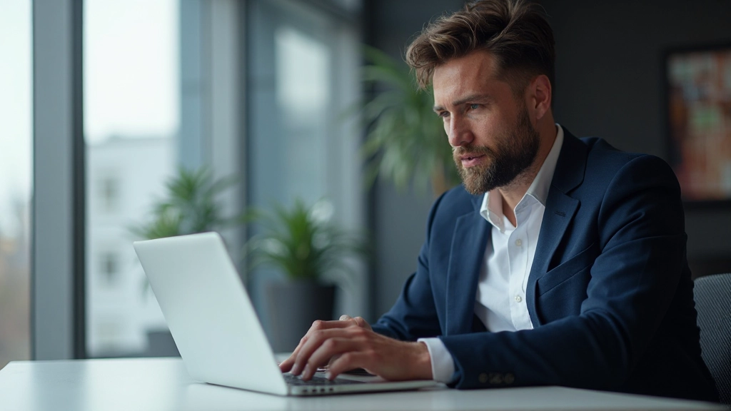 Professionelles Foto eines Traders, der Aktienchart-Daten auf einem modernen Laptop analysiert, in einem modernen Büroumfeld mit Fensterbeleuchtung, verschwommener Hintergrund, KEIN Text, KEINE Wasserzeichen