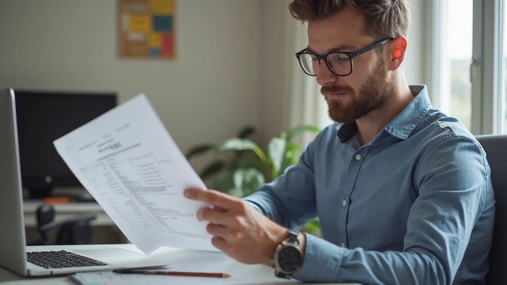 Mann öffnet Handelskonto auf Laptop mit Dokumenten und Formular
