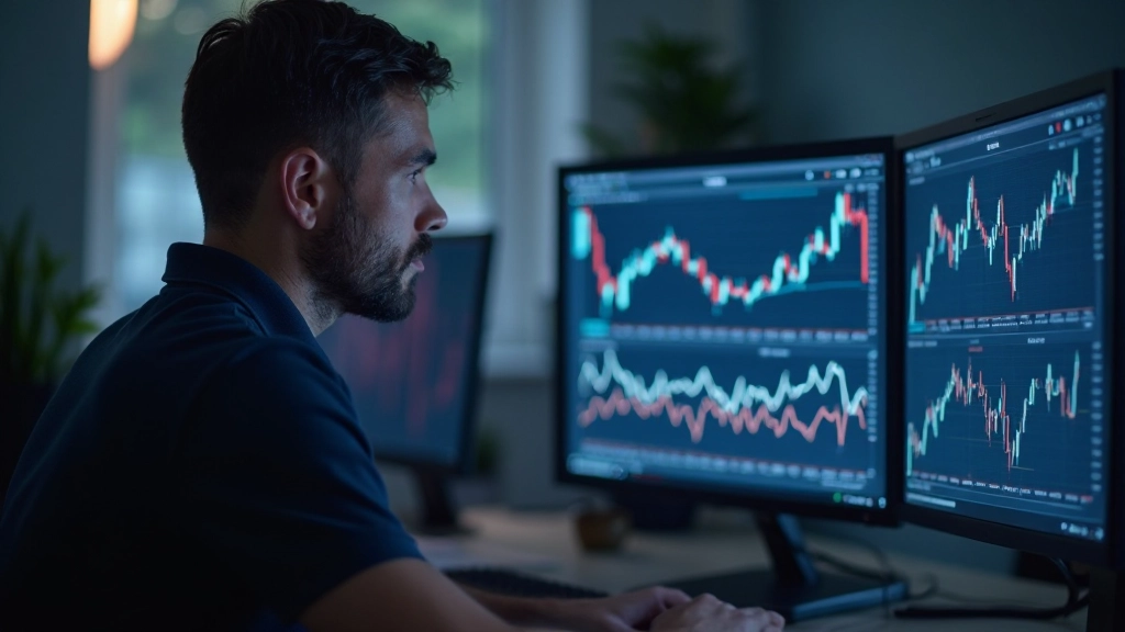 Technischer Analyst untersucht Preisendiagramme und Handelsmuster auf Bildschirm