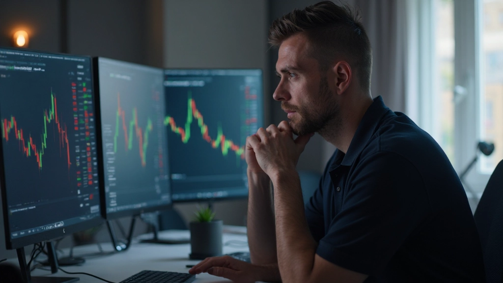 Trader schaut nachdenklich auf Bildschirm mit fallenden Aktiencharts während Marktvolatilität