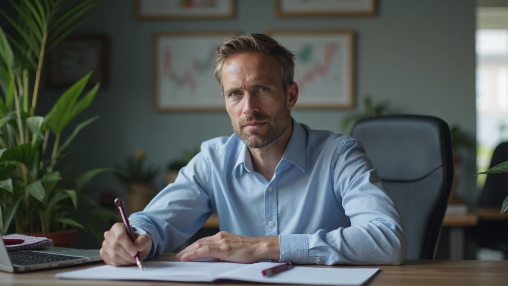 Trader sitzt ruhig am Schreibtisch mit strukturiertem Handelsplan und Notizbuch neben sich