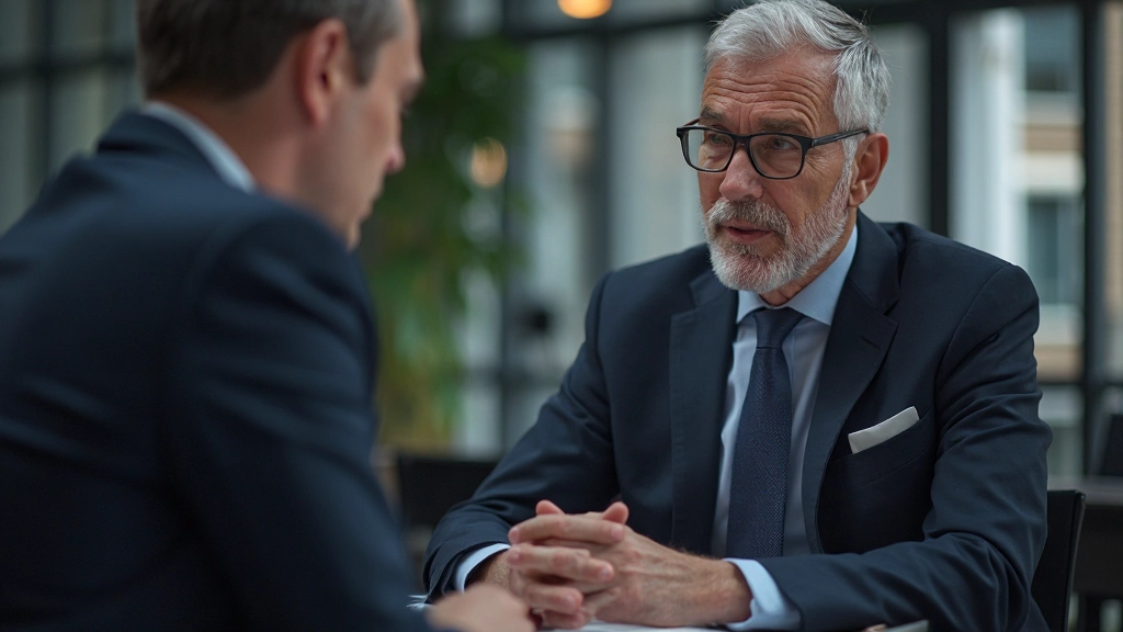 Professionelles Foto eines älteren Finanzberaters, der mit einem Kunden in einem klassischen Büro sitzt und eine Investitionsstrategie bespricht, professionelle Beleuchtung, verschwommener Hintergrund, KEIN Text, KEINE Wasserzeichen