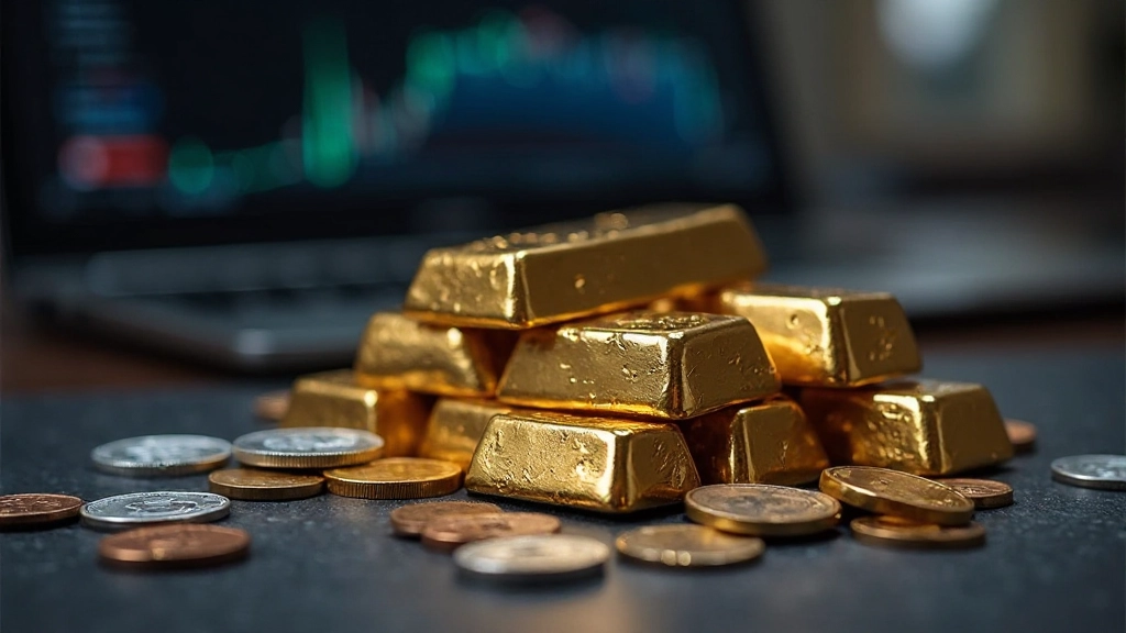 Professionelles Foto von glänzenden Edelmetallen, Goldbarren und Silbermünzen auf dunkler Oberfläche, Handelsumgebung, weiches Licht, unscharfer Hintergrund, KEIN Text, KEINE Wasserzeichen