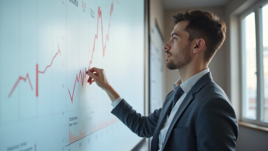 Student verfolgt Lernfortschritt auf Tafel mit aufsteigenden Balken und Erfolgsmessungen