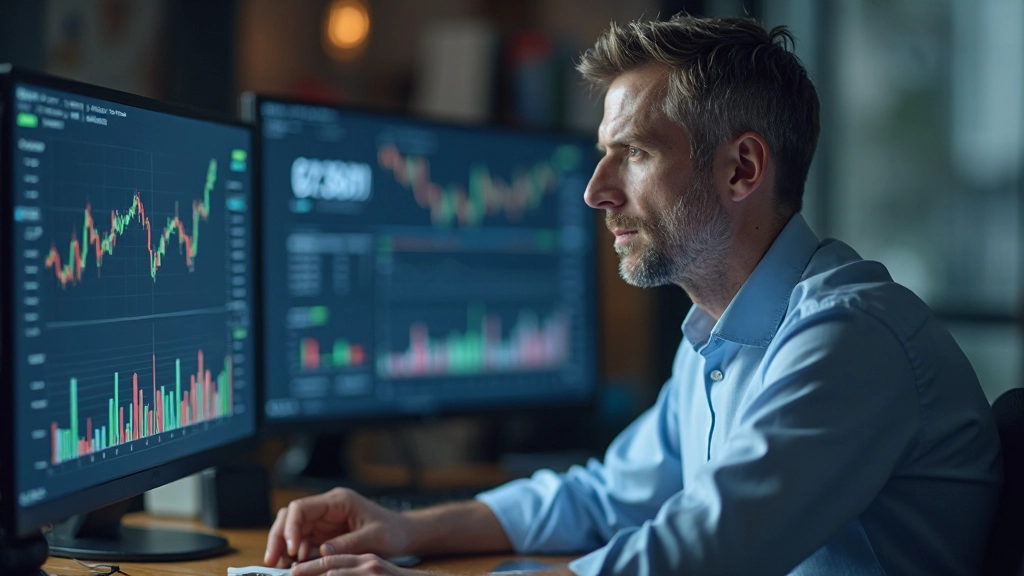 Technischer Analyst studiert Diagramme und Indikatoren auf mehreren Monitoren