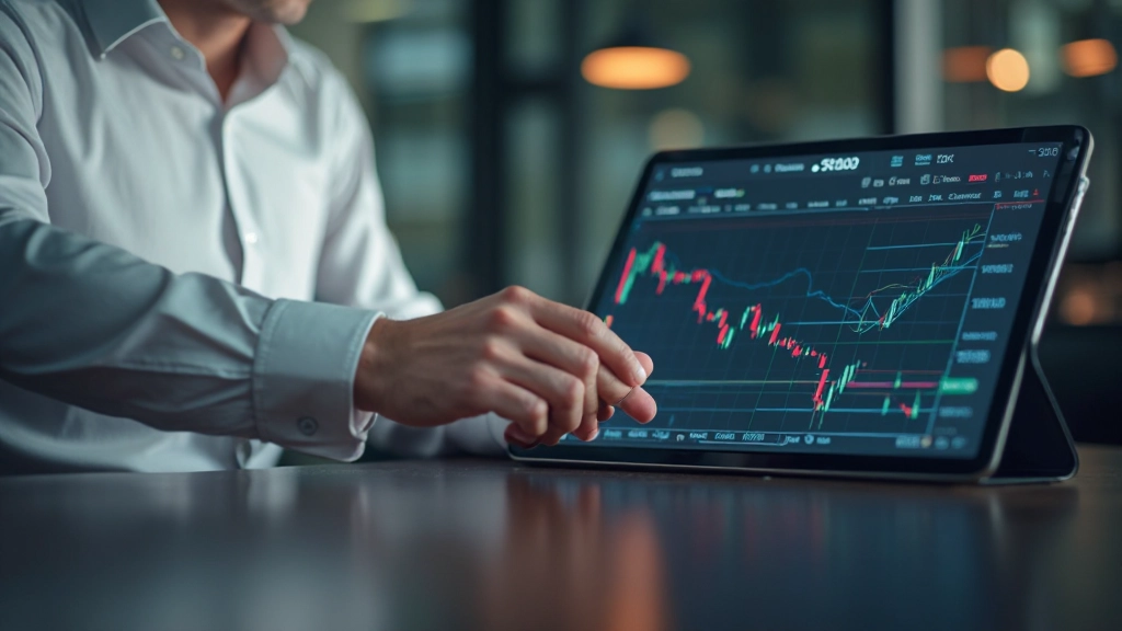 Finanzfachmann zeigt Preisvolatilitätsmuster auf interaktivem Bildschirm während Kundentreffen