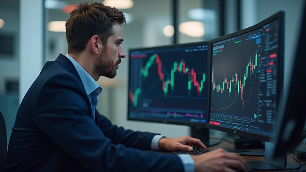 Professionelle Darstellung von Aktiendiagrammen und Candlestick-Mustern auf einem modernen Monitor in einem Handelsraum