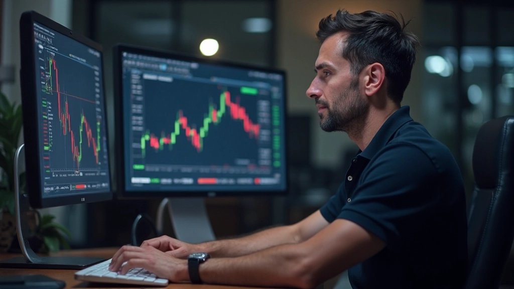 Trader analysiert technische Indikatoren und Kursmuster auf Handelsdiagrammen auf mehreren Bildschirmen