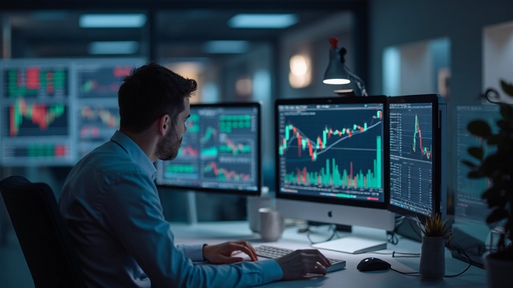 Trader nutzt verschiedene Indikatoren gleichzeitig auf mehreren Bildschirmen zur Handelsanalyse
