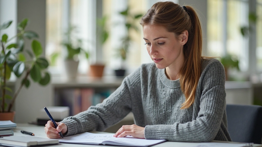 Anfänger studiert Finanzkonzepte an modernem Arbeitsplatz mit Notizbuch