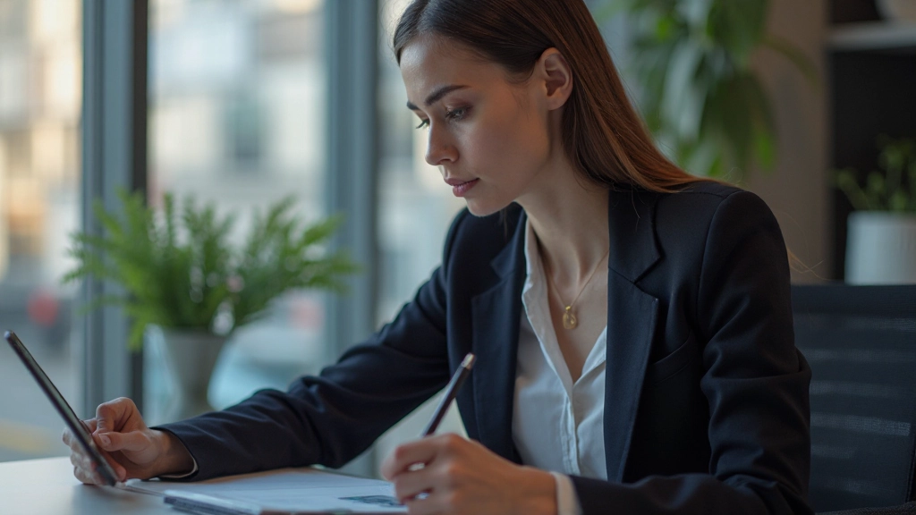Professionelle Frau mit Tablet und Stift, die Handelskonzepte in modernem Büro studiert