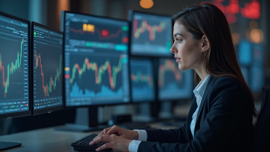 Professionelles Foto zeigt einen Analyst, der verschiedene Aktienchart-Muster und technische Indikatoren auf mehreren Monitoren studiert, modernes Handelsumfeld, professionelle Beleuchtung, verschwommener Hintergrund, KEIN Text, KEINE Wasserzeichen