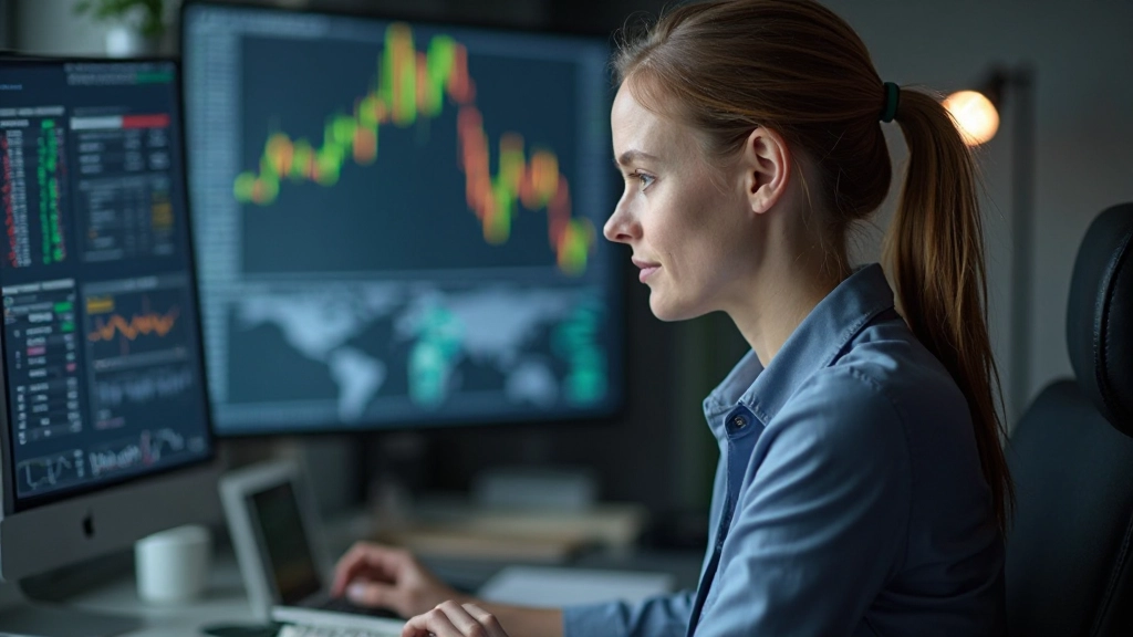 Grafik zeigt einen professionellen Trader, der Finanzdaten und Markttrends auf mehreren Bildschirmen in einem modernen Handelsraum überwacht, professionelle Beleuchtung, verschwommener Hintergrund, KEIN Text, KEINE Wasserzeichen
