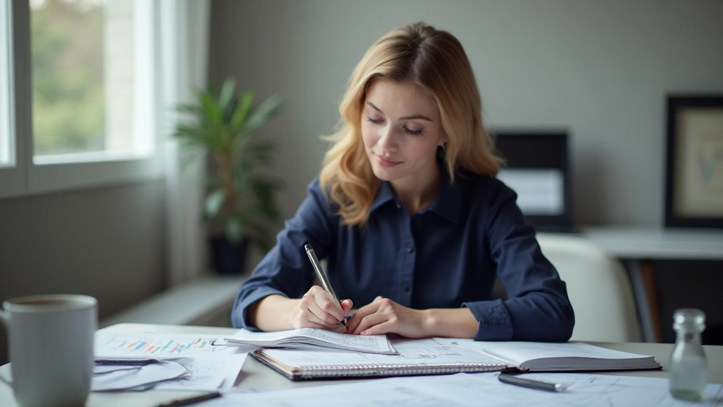 Nahaufnahme eines Handelsjournals mit handschriftlichen Notizen und Finanzdiagrammen, Schreibtisch mit Taschenrechner und Stift, professionelle Arbeitsumgebung, natürliches Licht